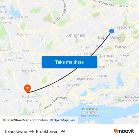 Lansdowne to Brookhaven, PA map