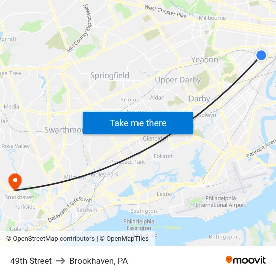 49th Street to Brookhaven, PA map
