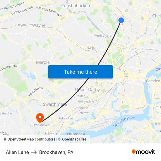 Allen Lane to Brookhaven, PA map
