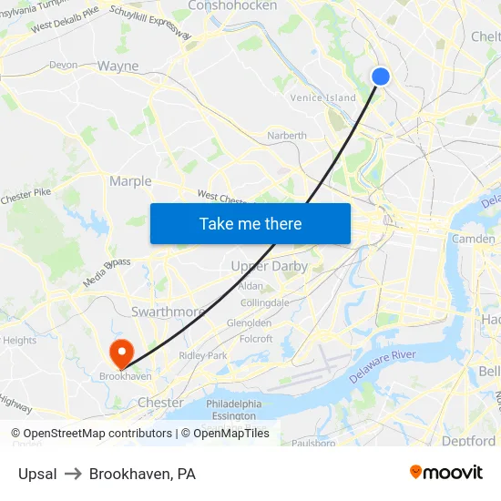 Upsal to Brookhaven, PA map