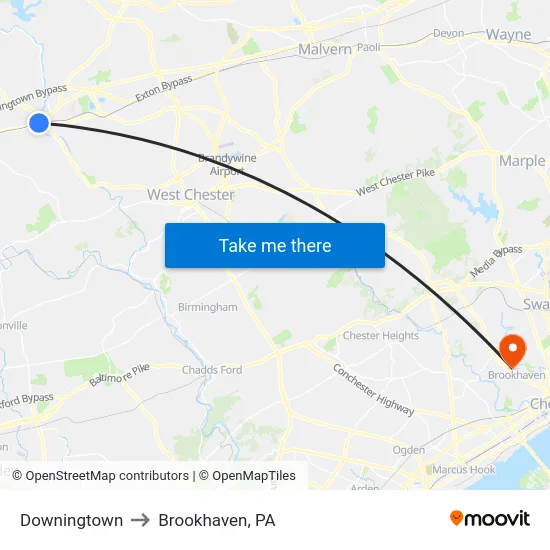 Downingtown to Brookhaven, PA map