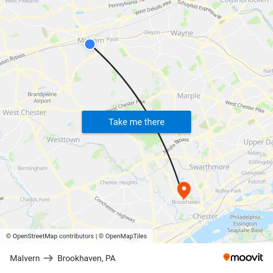 Malvern to Brookhaven, PA map