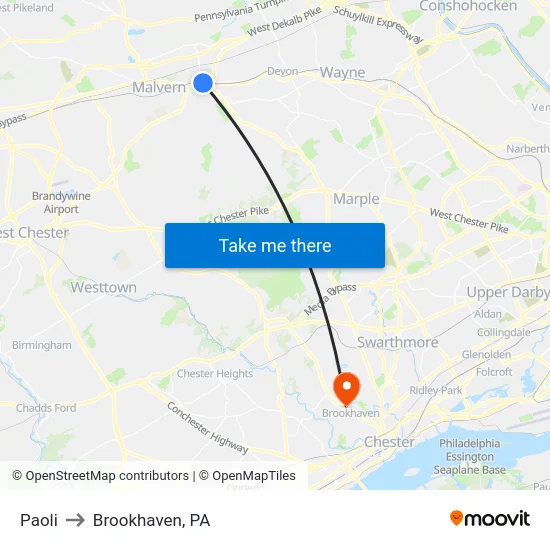Paoli to Brookhaven, PA map