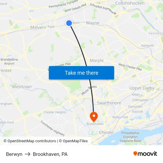 Berwyn to Brookhaven, PA map