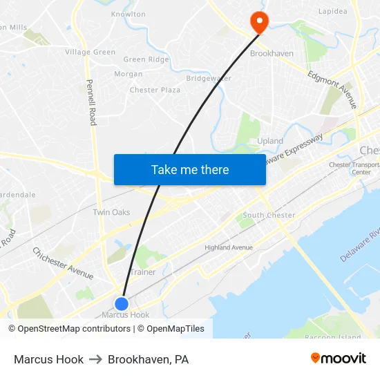 Marcus Hook to Brookhaven, PA map