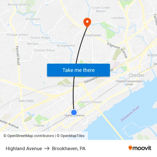 Highland Avenue to Brookhaven, PA map