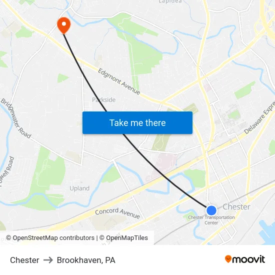 Chester to Brookhaven, PA map