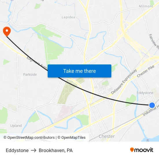 Eddystone to Brookhaven, PA map