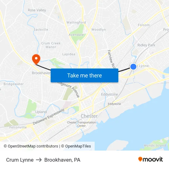 Crum Lynne to Brookhaven, PA map