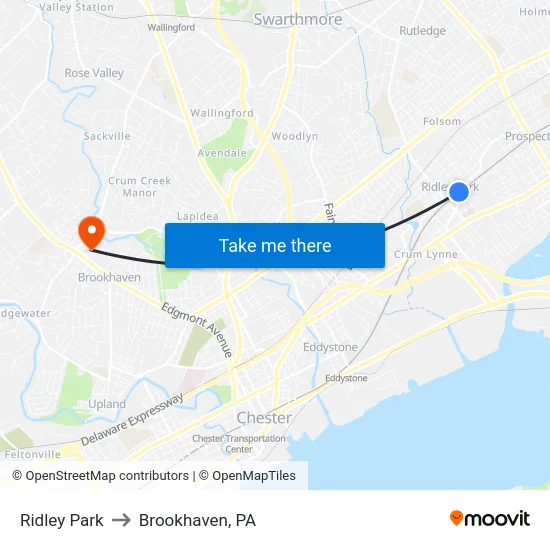 Ridley Park to Brookhaven, PA map