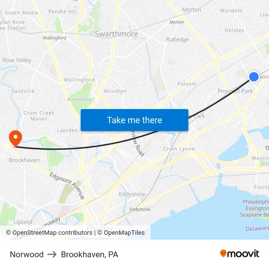 Norwood to Brookhaven, PA map