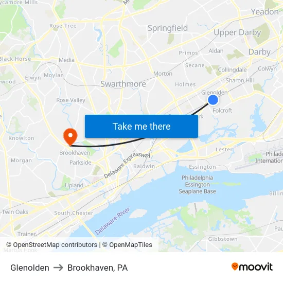 Glenolden to Brookhaven, PA map