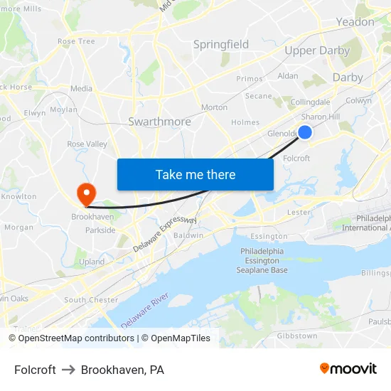 Folcroft to Brookhaven, PA map