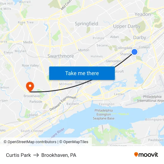 Curtis Park to Brookhaven, PA map
