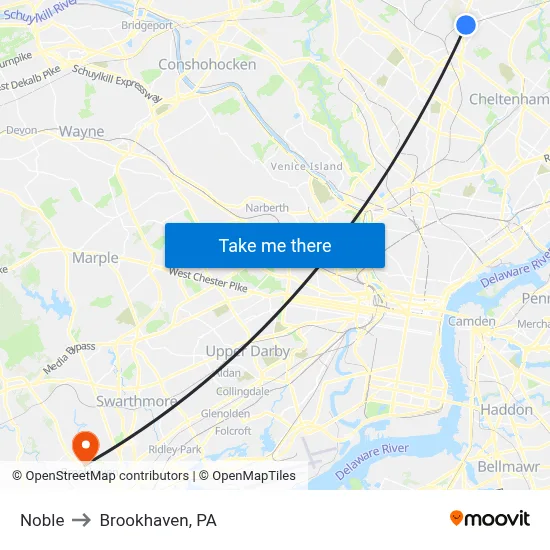 Noble to Brookhaven, PA map