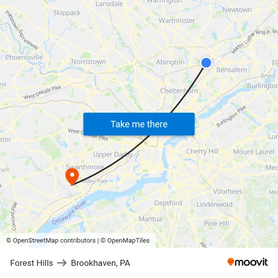 Forest Hills to Brookhaven, PA map