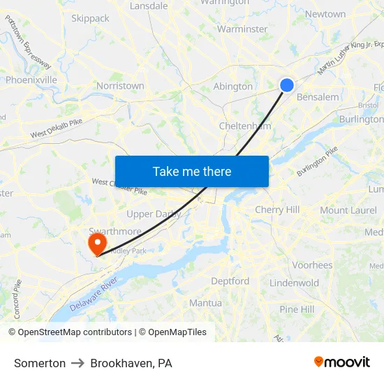Somerton to Brookhaven, PA map