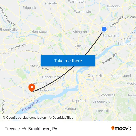 Trevose to Brookhaven, PA map
