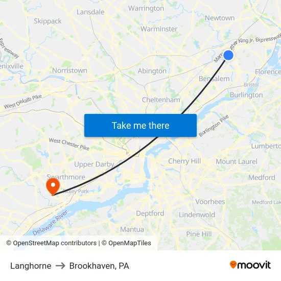Langhorne to Brookhaven, PA map