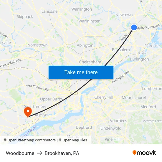Woodbourne to Brookhaven, PA map
