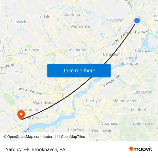 Yardley to Brookhaven, PA map
