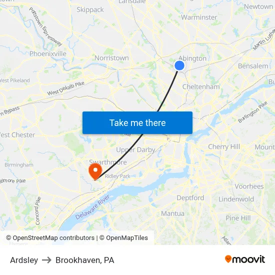 Ardsley to Brookhaven, PA map