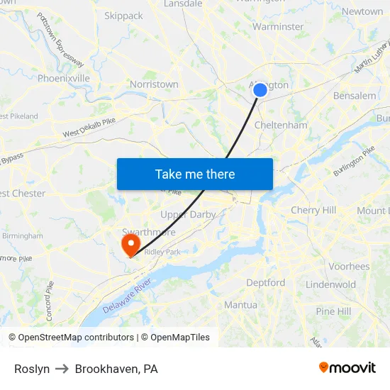 Roslyn to Brookhaven, PA map
