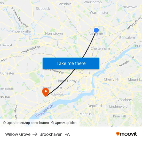 Willow Grove to Brookhaven, PA map
