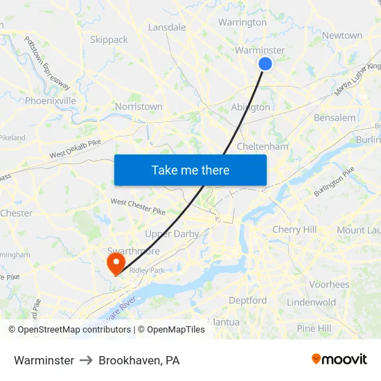 Warminster to Brookhaven, PA map
