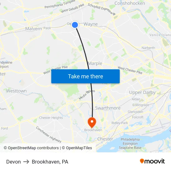 Devon to Brookhaven, PA map