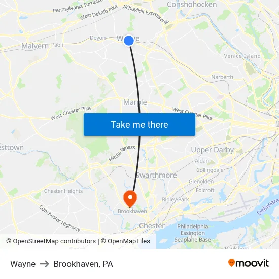 Wayne to Brookhaven, PA map