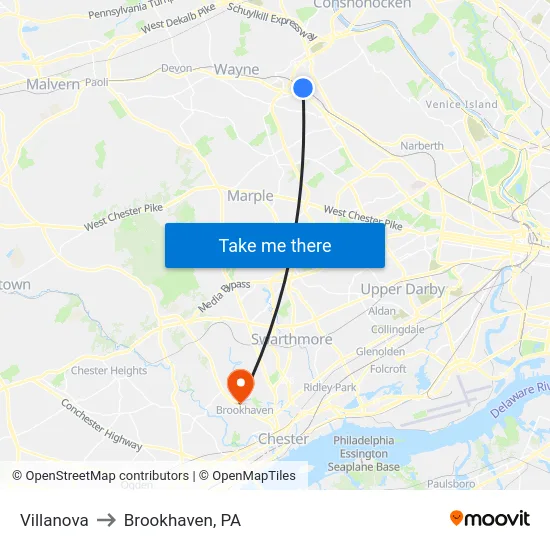 Villanova to Brookhaven, PA map