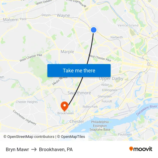 Bryn Mawr to Brookhaven, PA map