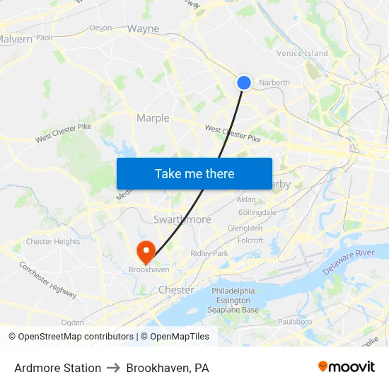 Ardmore Station to Brookhaven, PA map