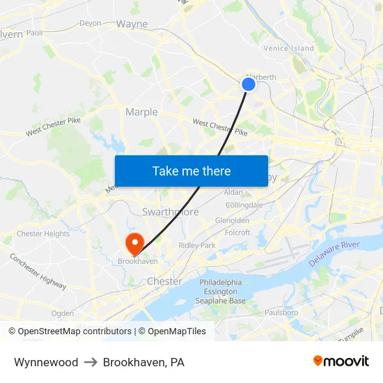 Wynnewood to Brookhaven, PA map