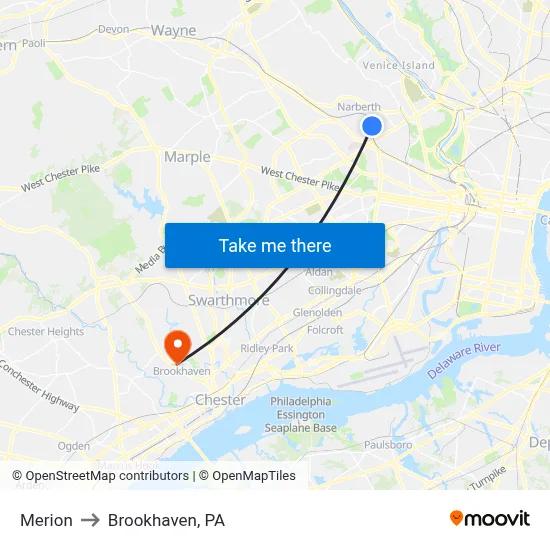 Merion to Brookhaven, PA map