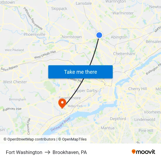 Fort Washington to Brookhaven, PA map