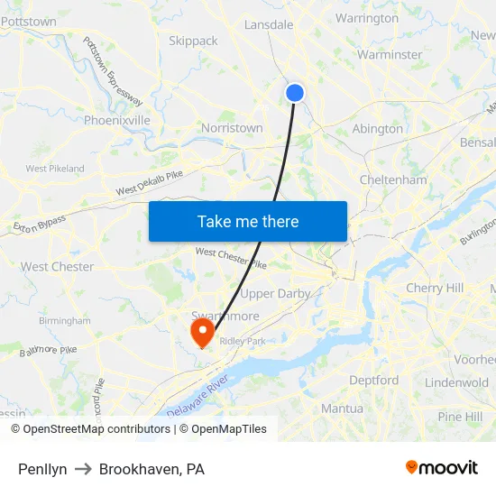 Penllyn to Brookhaven, PA map