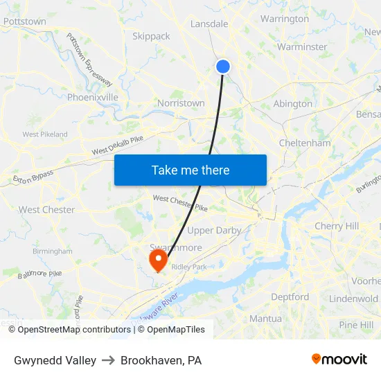 Gwynedd Valley to Brookhaven, PA map