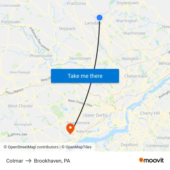 Colmar to Brookhaven, PA map