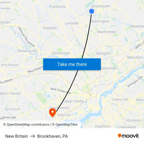 New Britain to Brookhaven, PA map