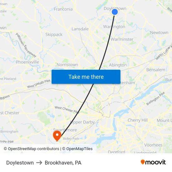Doylestown to Brookhaven, PA map