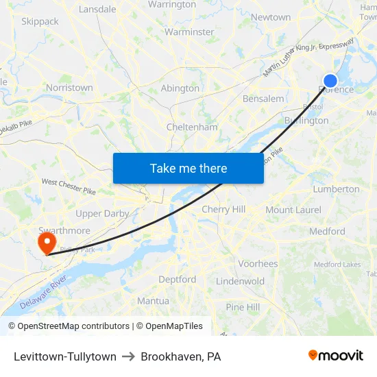 Levittown-Tullytown to Brookhaven, PA map