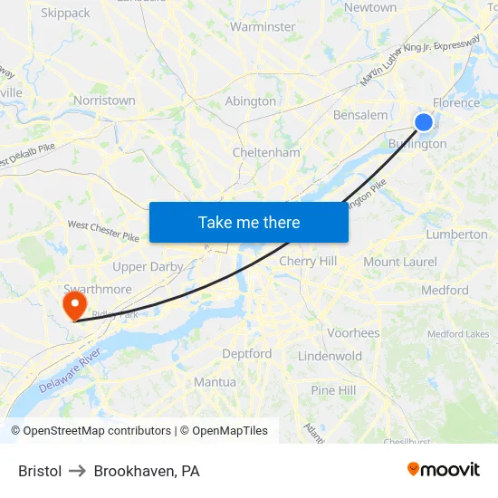 Bristol to Brookhaven, PA map