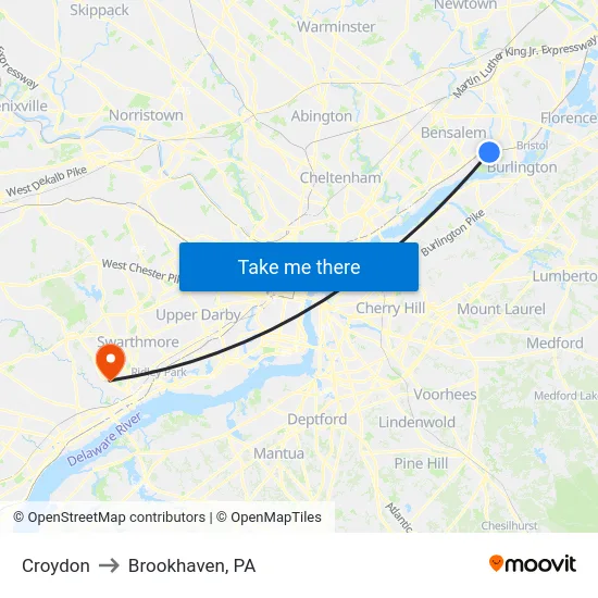 Croydon to Brookhaven, PA map
