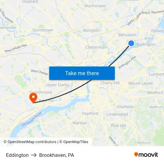 Eddington to Brookhaven, PA map