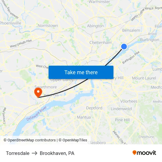 Torresdale to Brookhaven, PA map