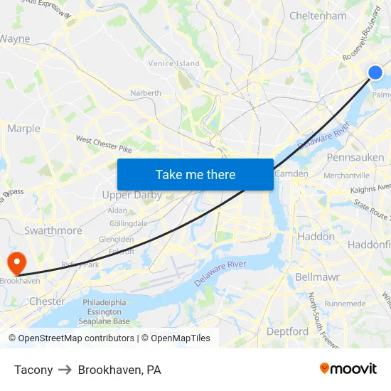Tacony to Brookhaven, PA map