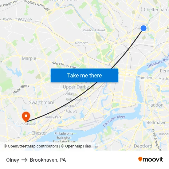 Olney to Brookhaven, PA map
