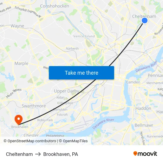 Cheltenham to Brookhaven, PA map